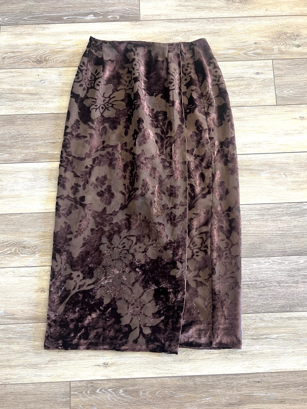 Vintage Rafaella faux wrap chocolate brown velvet burnout maxi skirt runs small